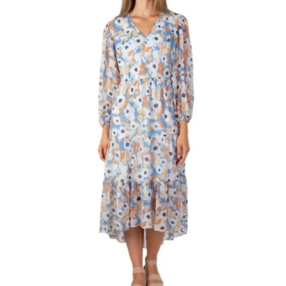 Joie Blue White & Orange Floral Field Tiered Midi Dress